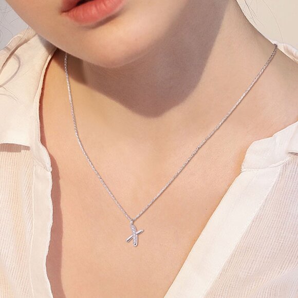 SHEGRACE 925 Sterling Silver Initial Letter X Pendant Necklace W Cubic Zirconia - Picture 4 of 5